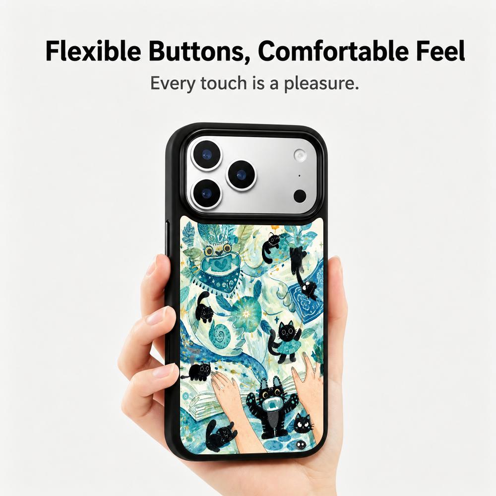 Compatible with iPhone 18 Pro Max & 17 Pro Max Water Series PC Silicone Magnetic Phone Case - Aqua Black Cat