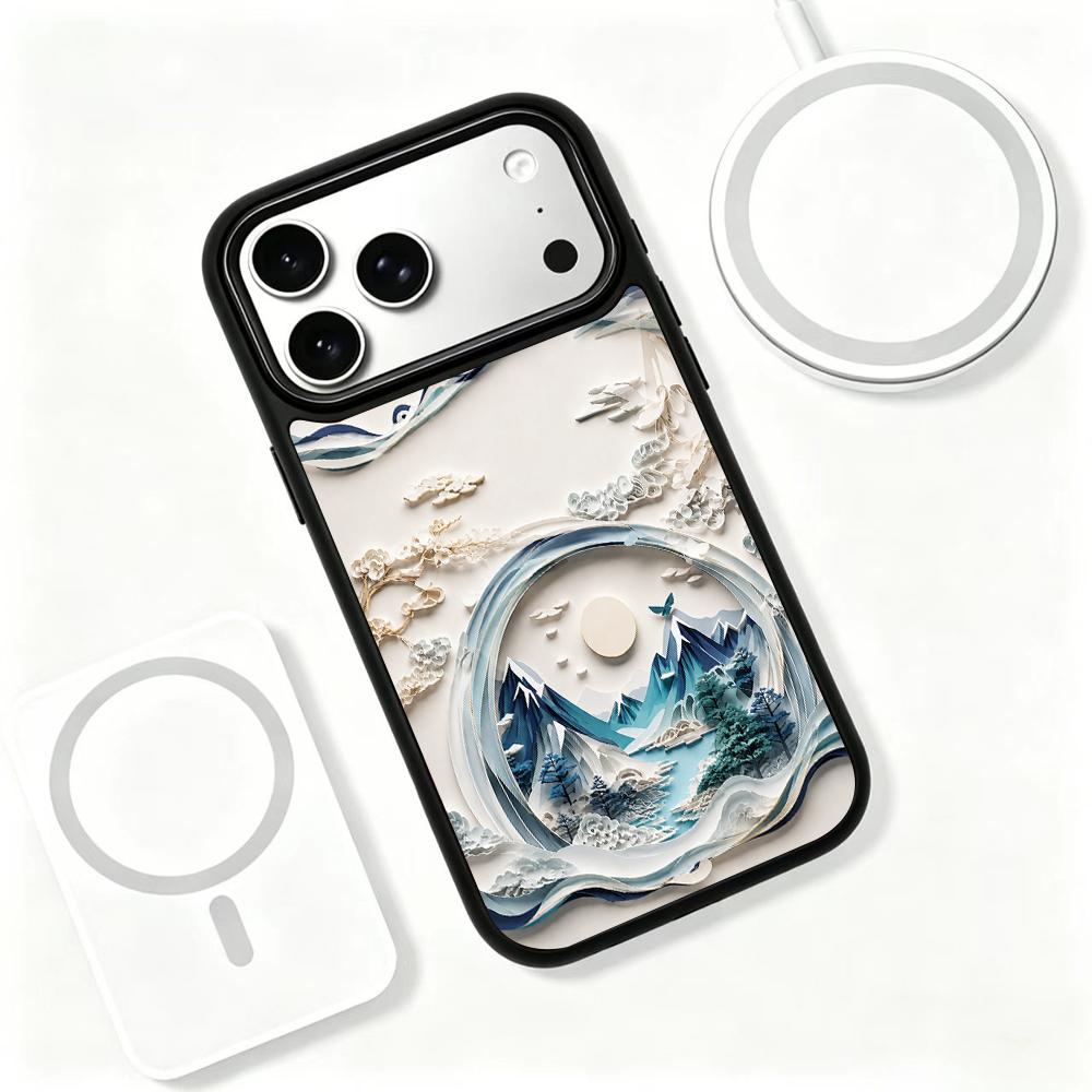 Compatible with iPhone 18 Pro & 17 Pro Water Series PC Silicone Magnetic Phone Case - Water Mountain Realm