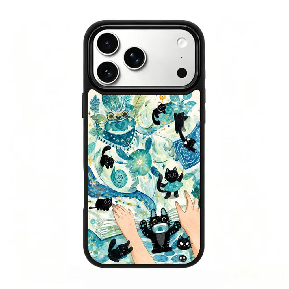 Compatible with iPhone 18 Pro & 17 Pro Water Series PC Silicone Magnetic Phone Case - Aqua Black Cat