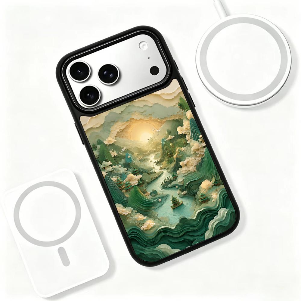 Compatible with iPhone 18 Pro Max & 17 Pro Max Wood Series PC Silicone Magnetic Phone Case - Wood Celestial Creek