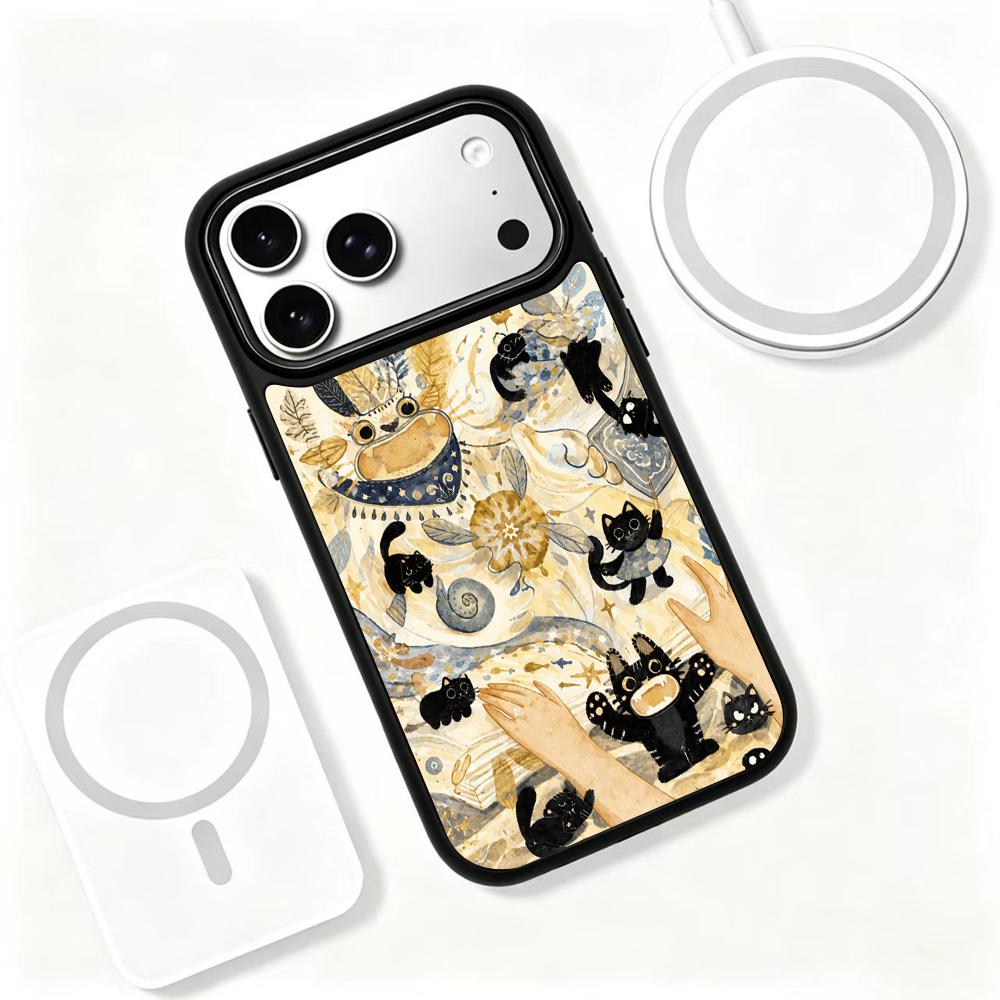 Compatible with iPhone 18 Pro Max & 17 Pro Max Gold Series PC Silicone Magnetic Phone Case - Golden Black Cat