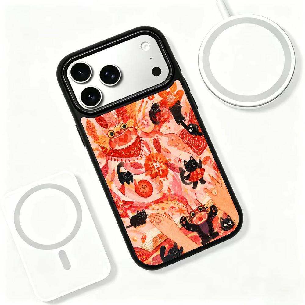 Compatible with iPhone 18 Pro Max & 17 Pro Max Fire Series PC Silicone Magnetic Phone Case - Fiery Black Cat