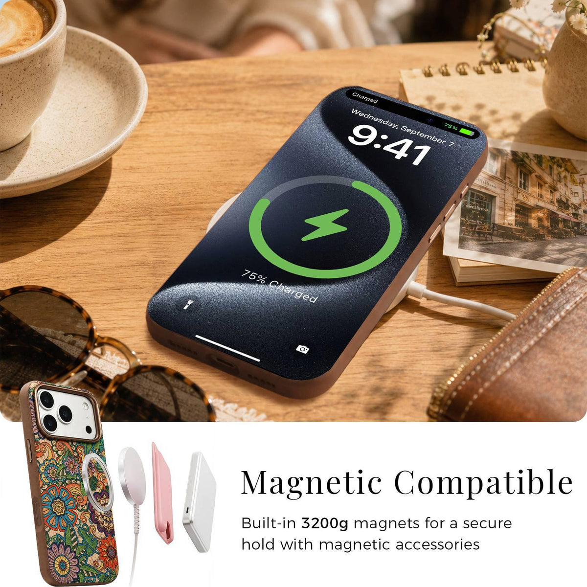Compatible with iPhone 18 Pro Max Denior Vintage Boho Embroidery Style Magnetic Protective Phone Case - Orange
