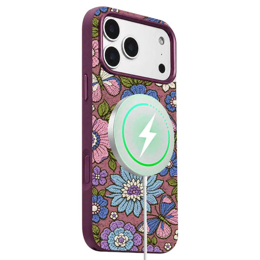 Compatible with iPhone 18 Pro Max Denior Vintage Boho Embroidery Style Magnetic Protective Phone Case - Purple