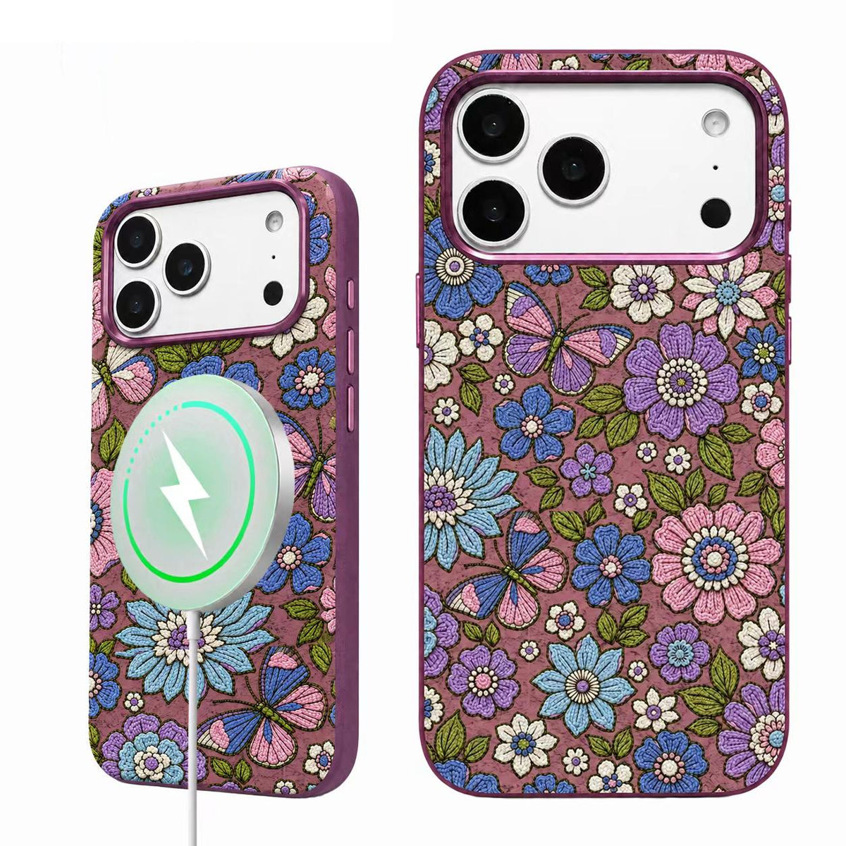 Compatible with iPhone 18 Pro Max Denior Vintage Boho Embroidery Style Magnetic Protective Phone Case - Purple