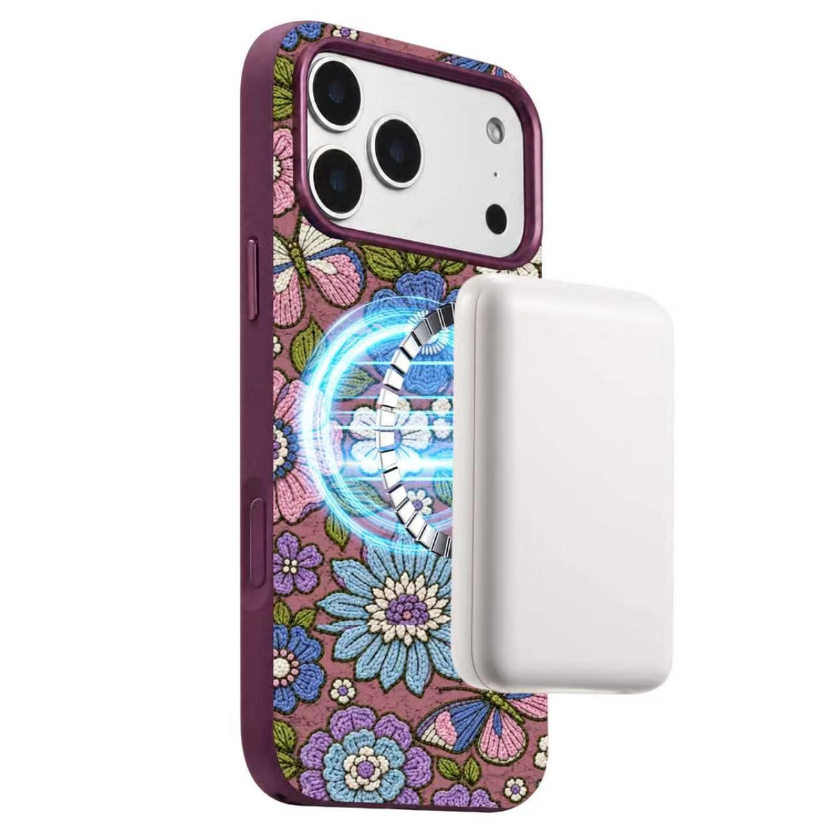 Compatible with iPhone 18 Pro Max Denior Vintage Boho Embroidery Style Magnetic Protective Phone Case - Purple