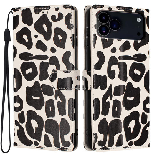 Compatible with iPhone 18 Pro Max Leopard Print Wallet Vegan Leather Phone Case with Lanyard - Black