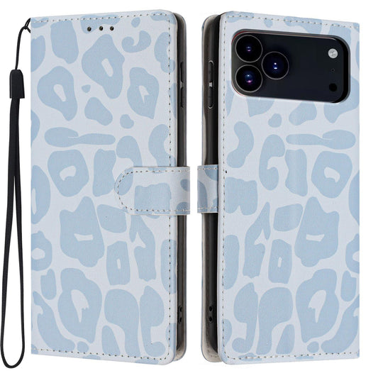 Compatible with iPhone 18 Pro Max Leopard Print Wallet Vegan Leather Phone Case with Lanyard - Sky Blue