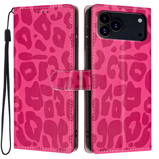 Compatible with iPhone 18 Pro Max Leopard Print Wallet Vegan Leather Phone Case with Lanyard - Rose Red