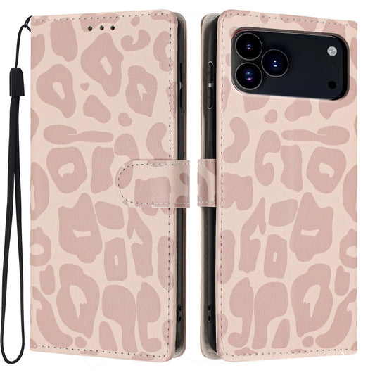 Compatible with iPhone 18 Pro Max Leopard Print Wallet Vegan Leather Phone Case with Lanyard - Pink