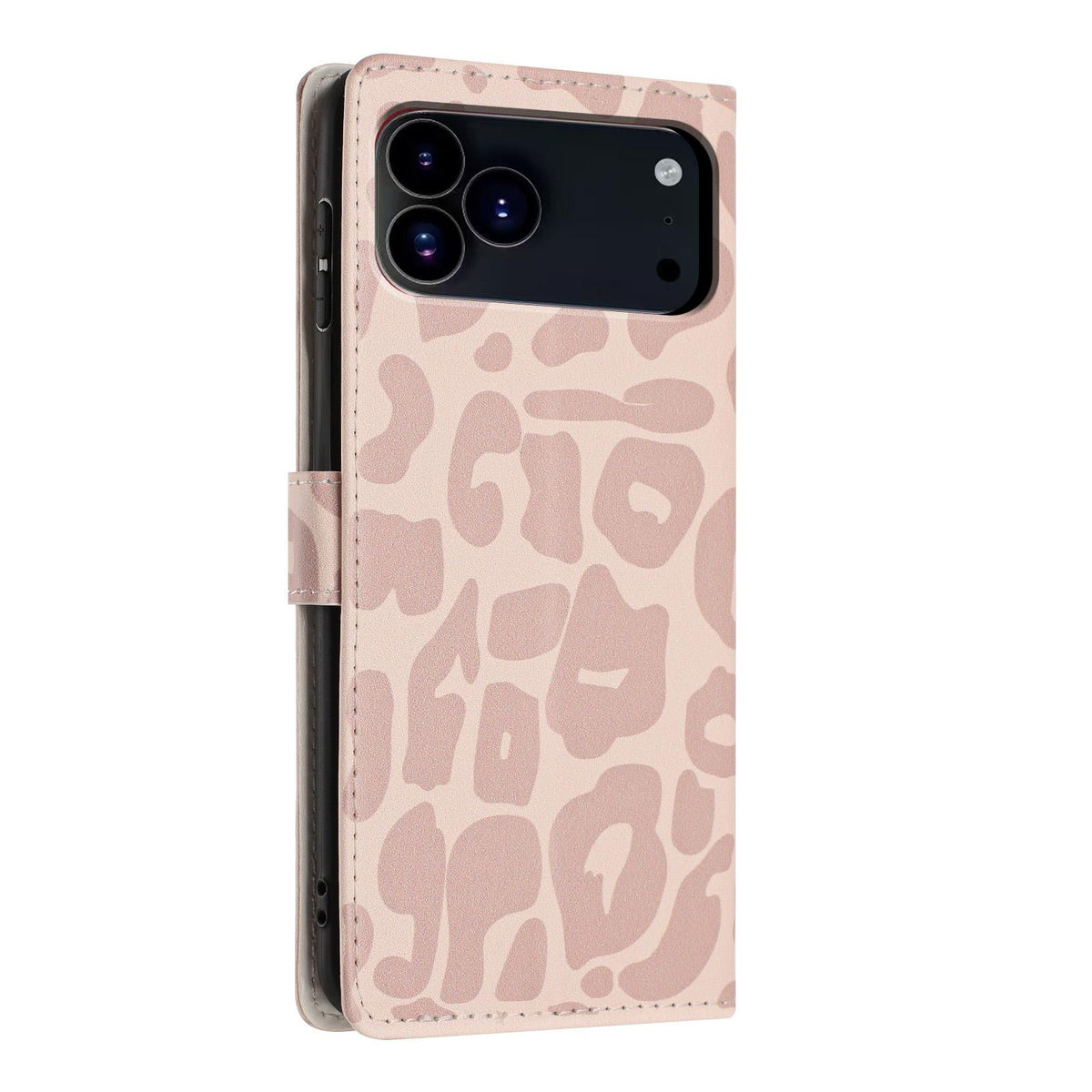 Compatible with iPhone 18 Pro Max Leopard Print Wallet Vegan Leather Phone Case with Lanyard - Pink