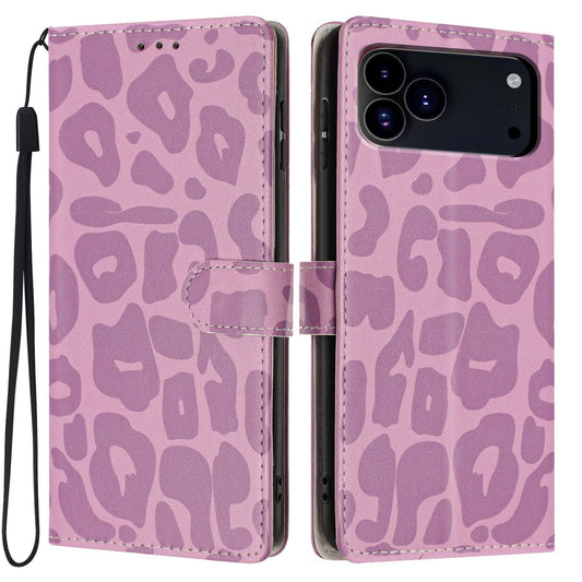 Compatible with iPhone 18 Pro Max Leopard Print Wallet Vegan Leather Phone Case with Lanyard - Light Purple