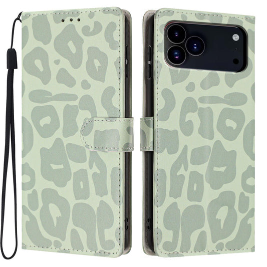 Compatible with iPhone 18 Pro Max Leopard Print Wallet Vegan Leather Phone Case with Lanyard - Light Green