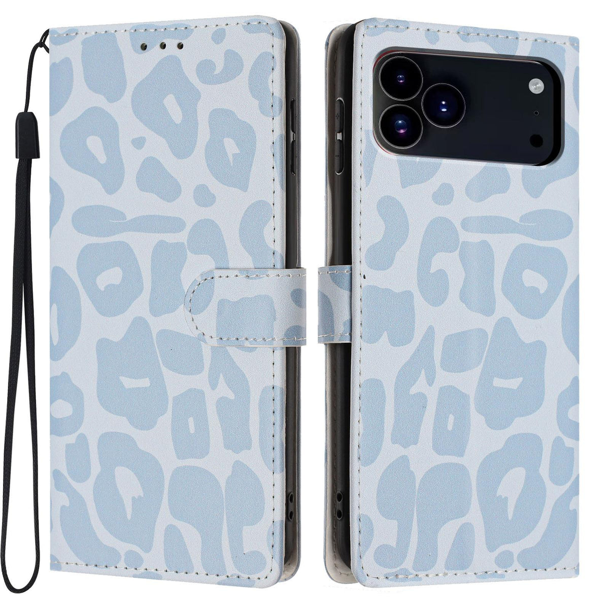 Compatible with iPhone 18 Pro Leopard Print Wallet Vegan Leather Phone Case with Lanyard - Sky Blue