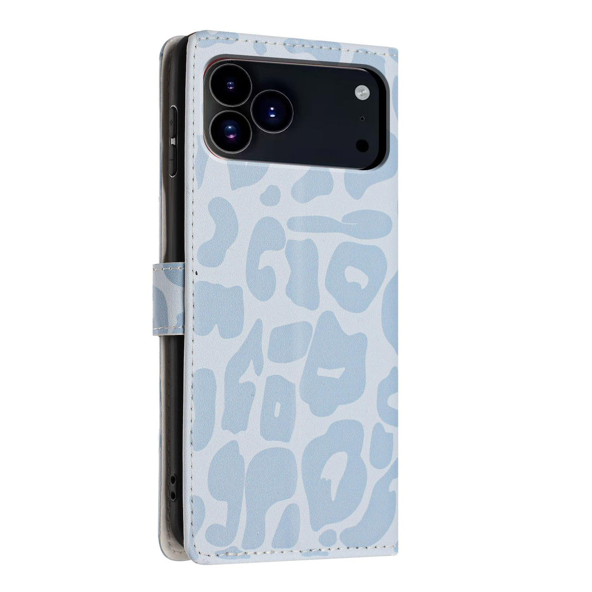 Compatible with iPhone 18 Pro Leopard Print Wallet Vegan Leather Phone Case with Lanyard - Sky Blue