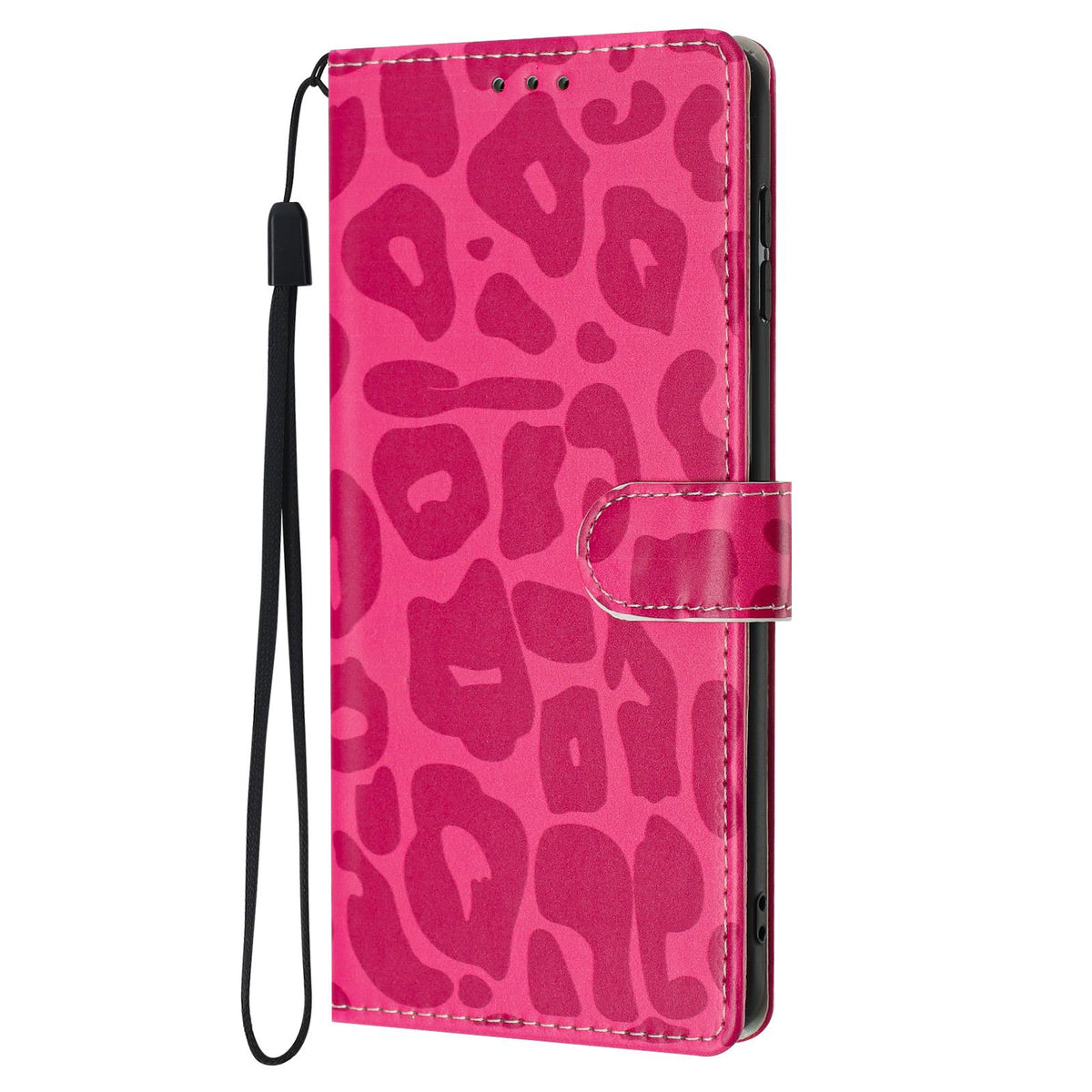 Compatible with iPhone 18 Pro Leopard Print Wallet Vegan Leather Phone Case with Lanyard - Rose Red