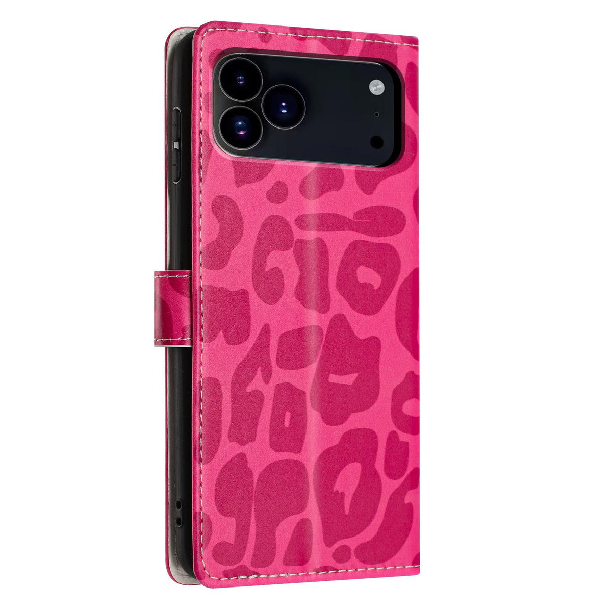Compatible with iPhone 18 Pro Leopard Print Wallet Vegan Leather Phone Case with Lanyard - Rose Red