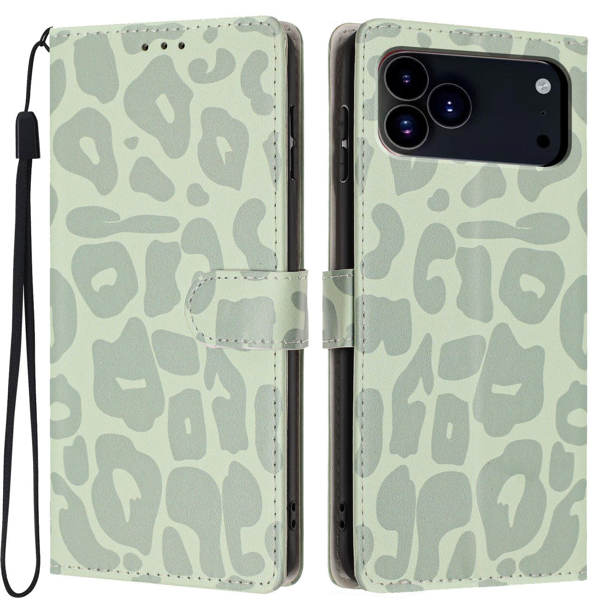 Compatible with iPhone 18 Pro Leopard Print Wallet Vegan Leather Phone Case with Lanyard - Light Green
