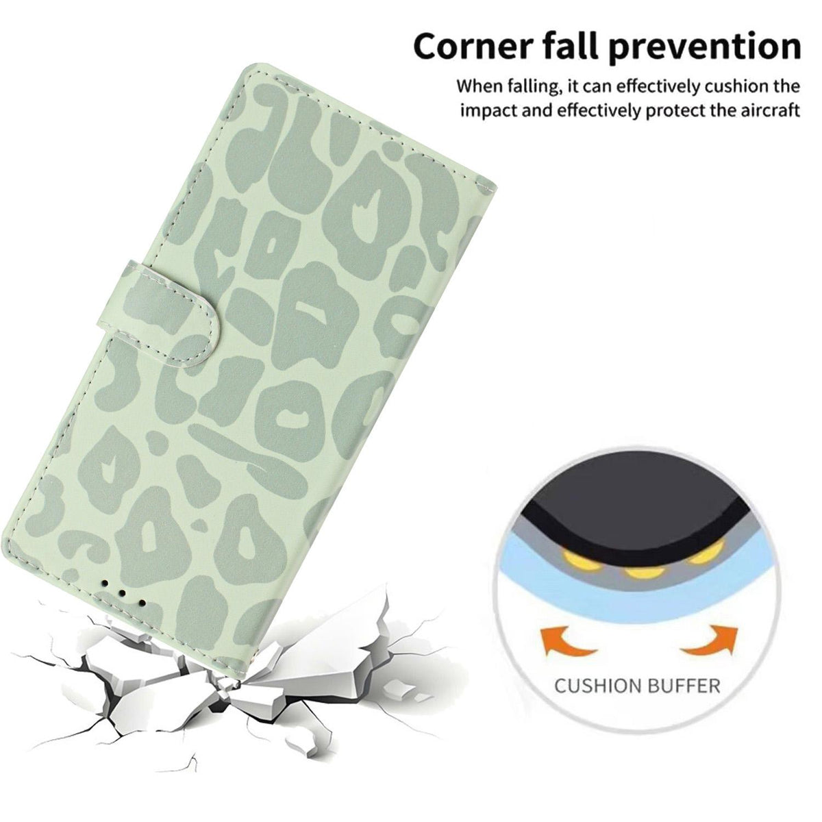 Compatible with iPhone 18 Pro Leopard Print Wallet Vegan Leather Phone Case with Lanyard - Light Green