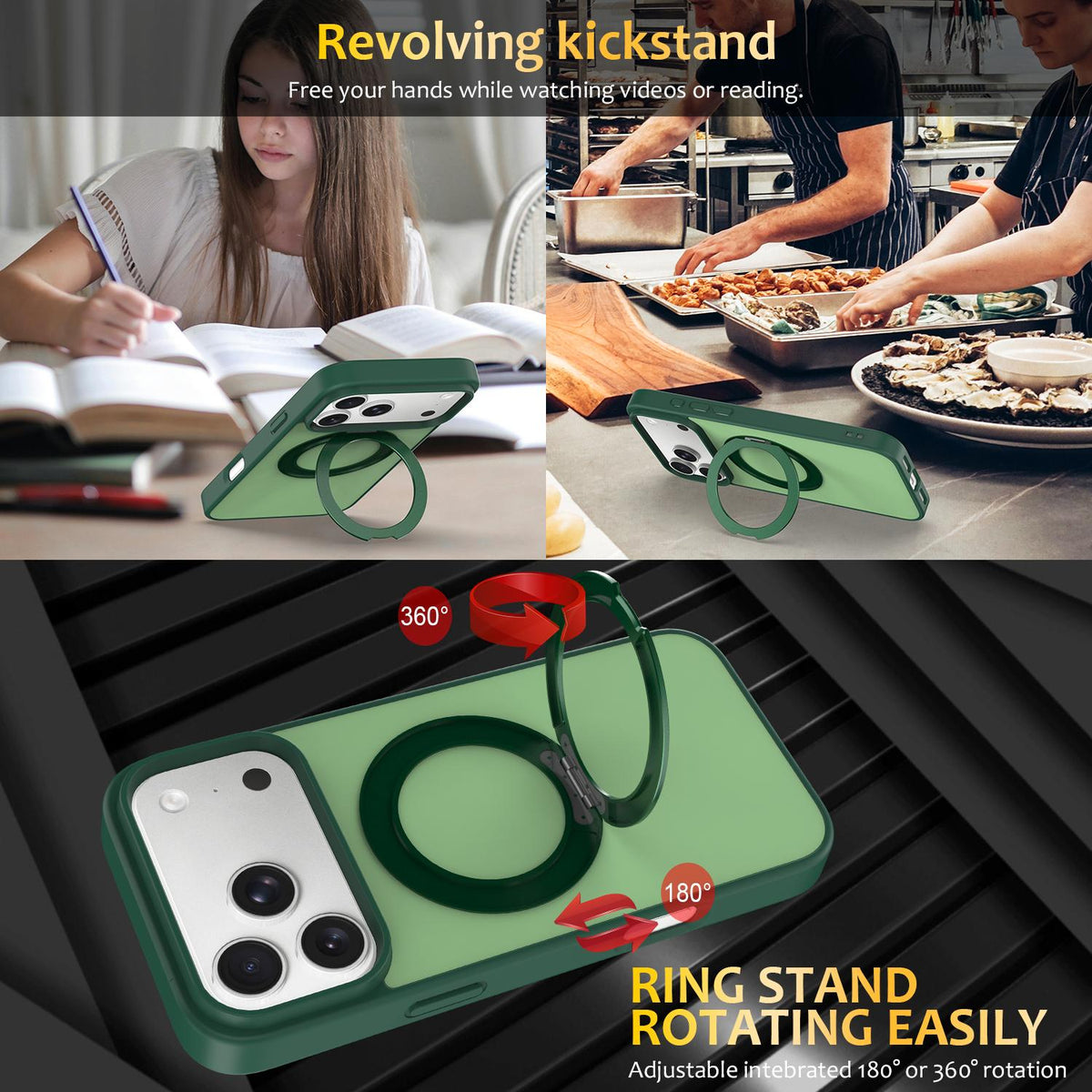 Compatible with iPhone 18 Pro Max Skin Feel Revolving Kickstand Magnetic Phone Case - Green