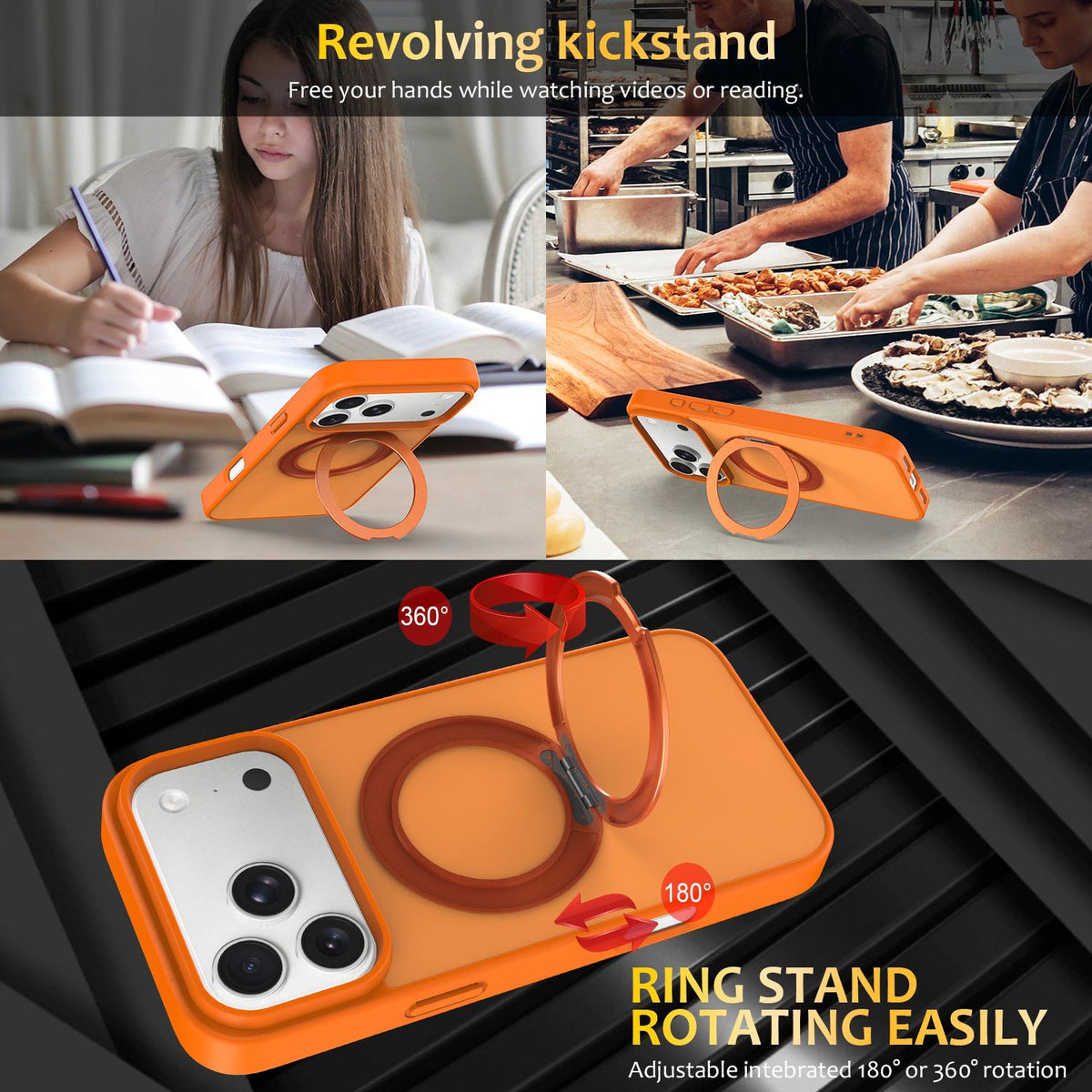 Compatible with iPhone 18 Pro Max Skin Feel Revolving Kickstand Magnetic Phone Case - Orange