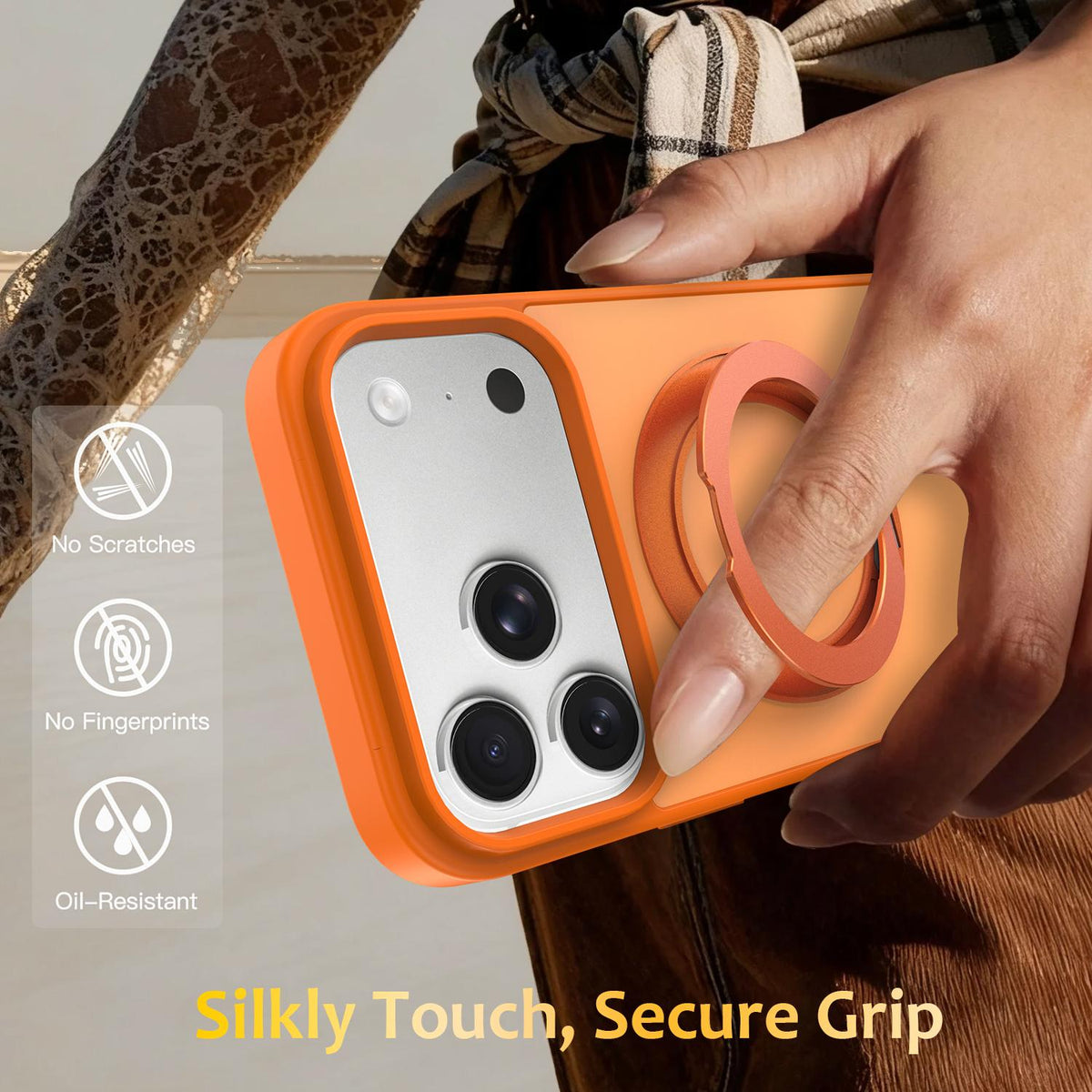 Compatible with iPhone 18 Pro Max Skin Feel Revolving Kickstand Magnetic Phone Case - Orange
