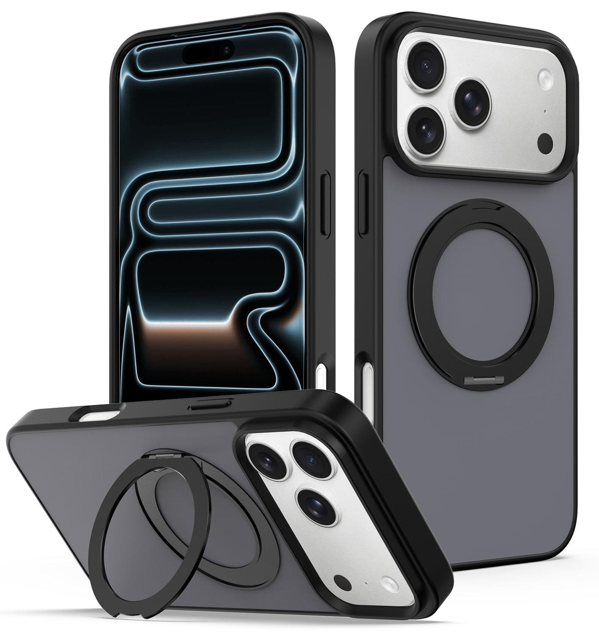 Compatible with iPhone 18 Pro Max Skin Feel Revolving Kickstand Magnetic Phone Case - Black