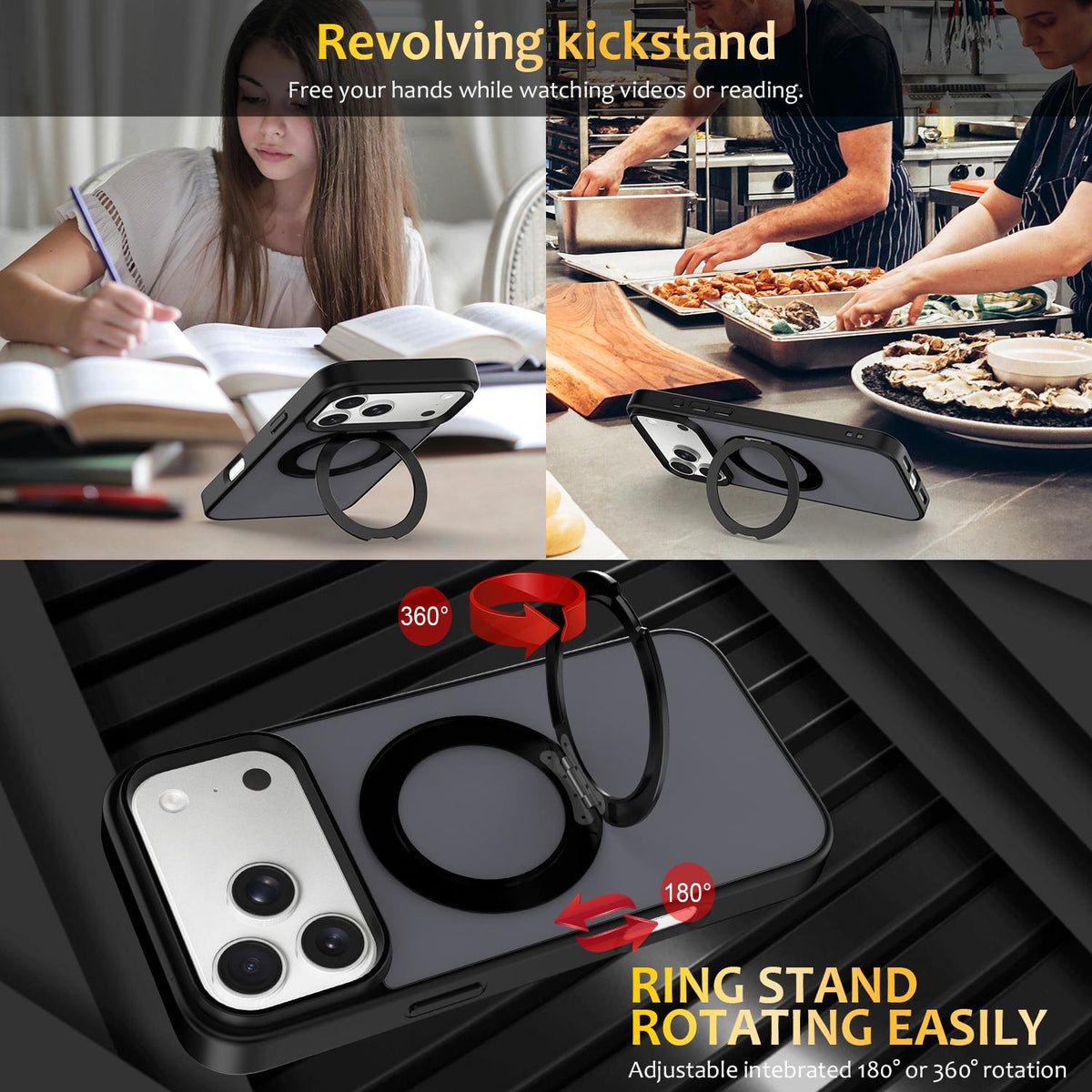 Compatible with iPhone 18 Pro Max Skin Feel Revolving Kickstand Magnetic Phone Case - Black