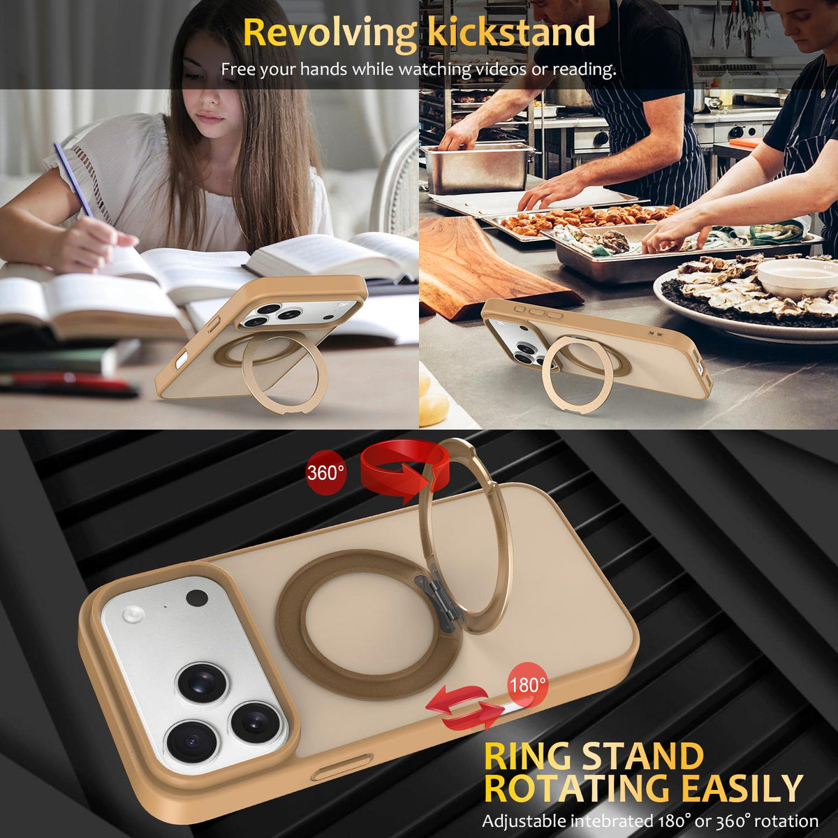 Compatible with iPhone 18 Pro Max Skin Feel Revolving Kickstand Magnetic Phone Case - Gold