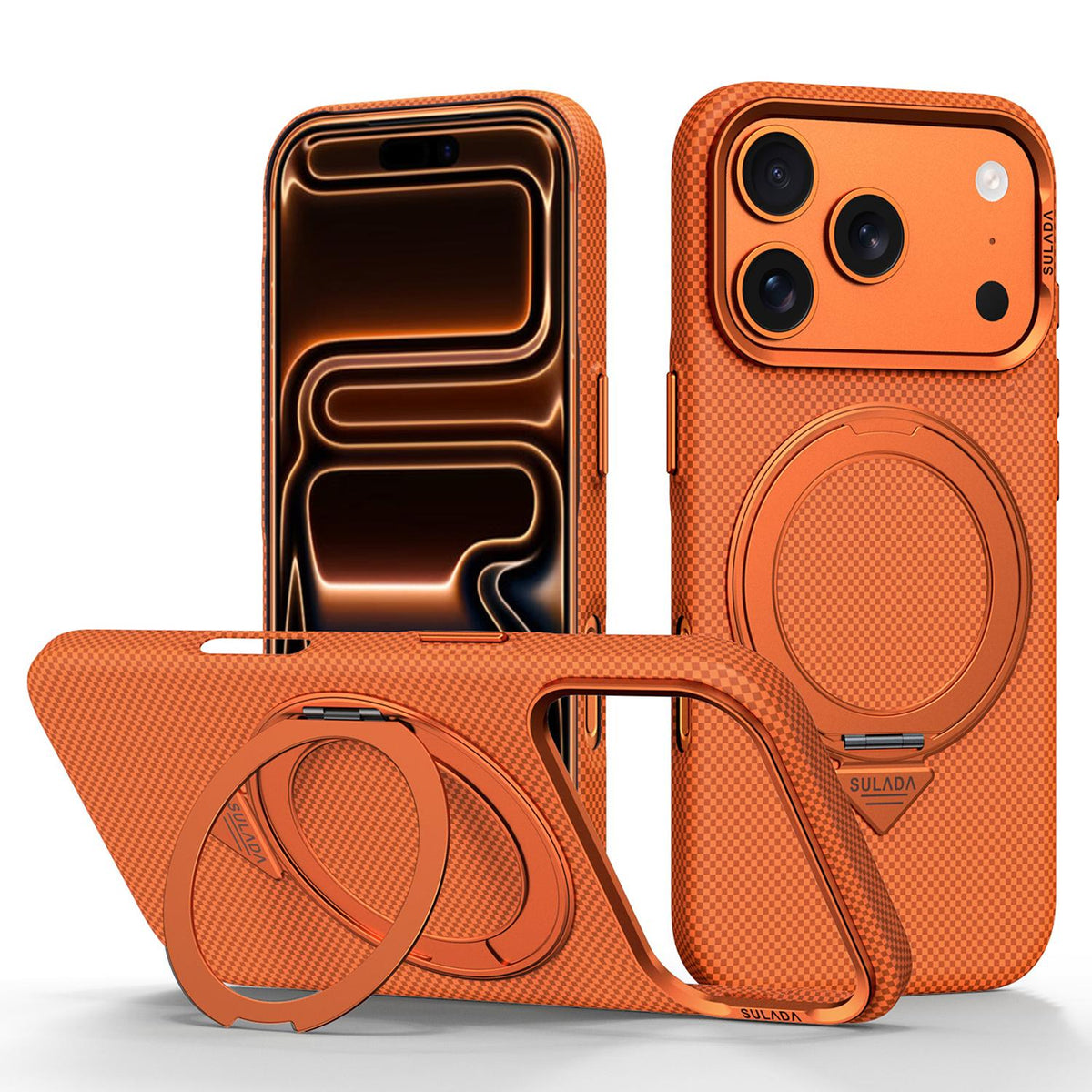 Compatible with iPhone 18 Pro Max SULADA Kevlar Grid Patterned Skin Feel Rotation Magnetic Holder Phone Case - Orange