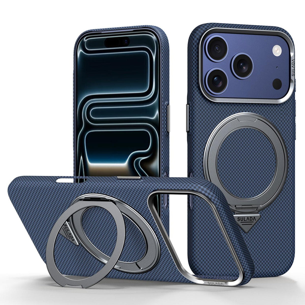 Compatible with iPhone 18 Pro Max SULADA Kevlar Grid Patterned Skin Feel Rotation Magnetic Holder Phone Case - Blue