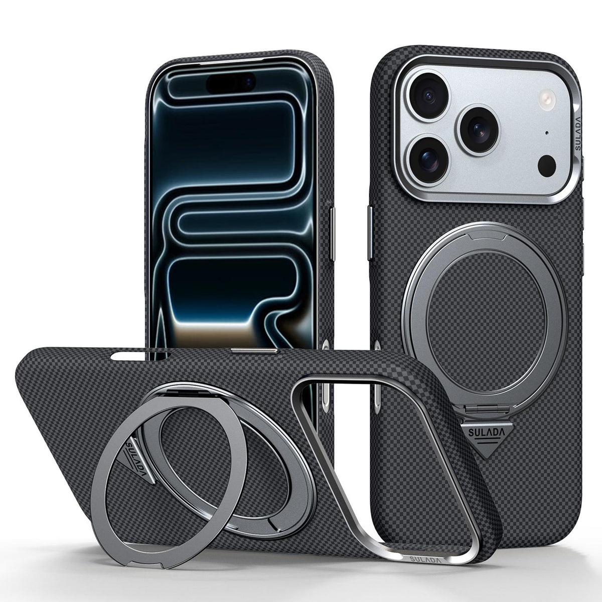 Compatible with iPhone 18 Pro SULADA Kevlar Grid Patterned Skin Feel Rotation Magnetic Holder Phone Case - Black