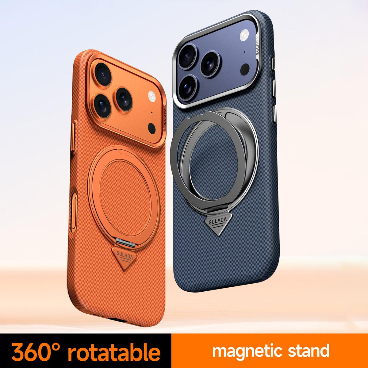 Compatible with iPhone 18 Pro Max SULADA Kevlar Grid Patterned Skin Feel Rotation Magnetic Holder Phone Case - Black