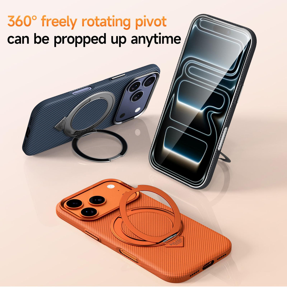 Compatible with iPhone 18 Pro SULADA Kevlar Grid Patterned Skin Feel Rotation Magnetic Holder Phone Case - Black