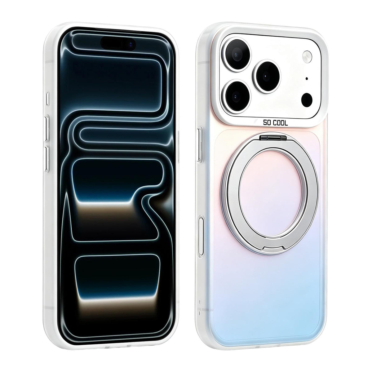 Compatible with iPhone 18 Pro & 17 Pro Aurora 2.0 PC Dual-Layer TPU Laser Magnetic Phone Case with Rotating Holder - Silver