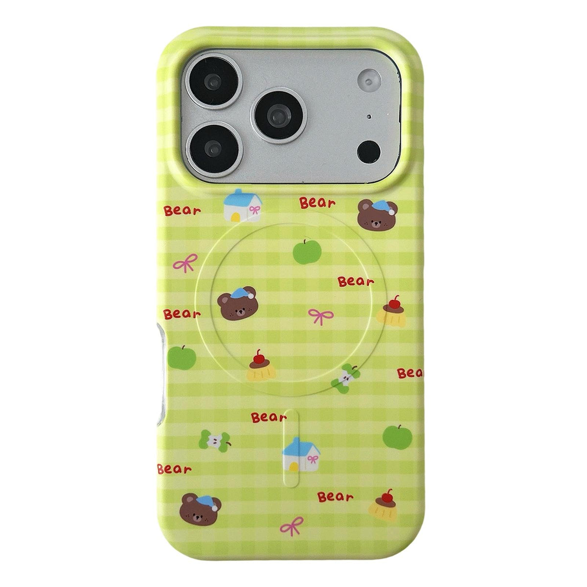 Compatible with iPhone 18 Pro & 17 Pro Graffiti Pattern 2 in 1 PC Dual-Layer TPU Phone Case - Green Plaid Bear
