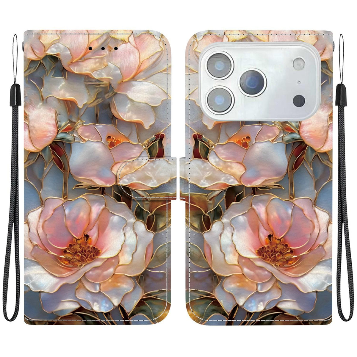 Compatible with iPhone 18 Pro Crystal-Texture Painted Vegan Leather Phone Case - Gilded Peony
