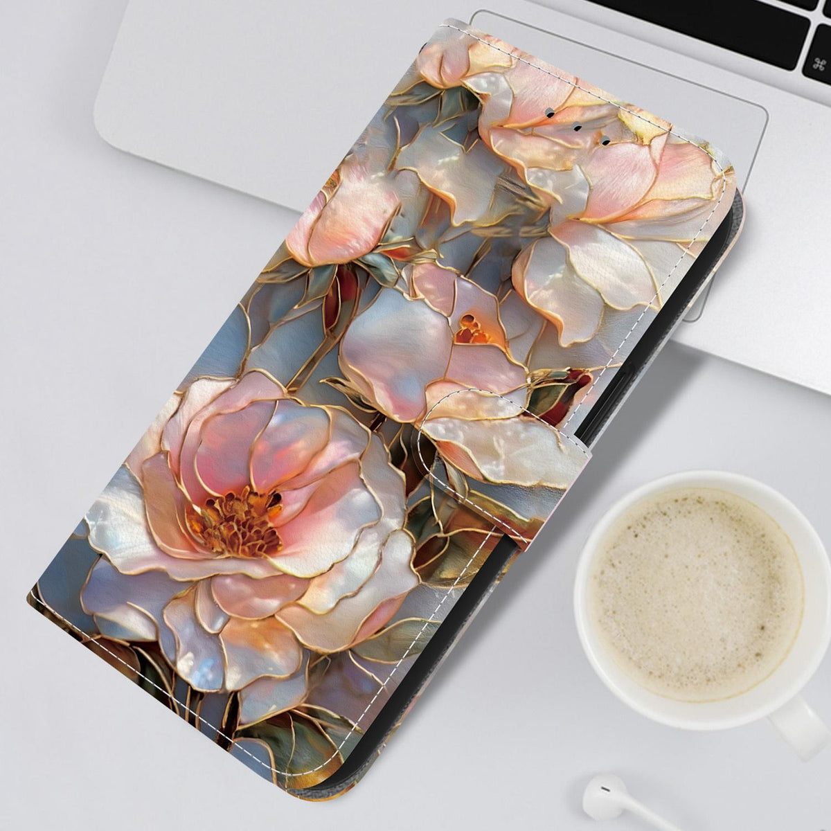 Compatible with iPhone 18 Pro Crystal-Texture Painted Vegan Leather Phone Case - Gilded Peony