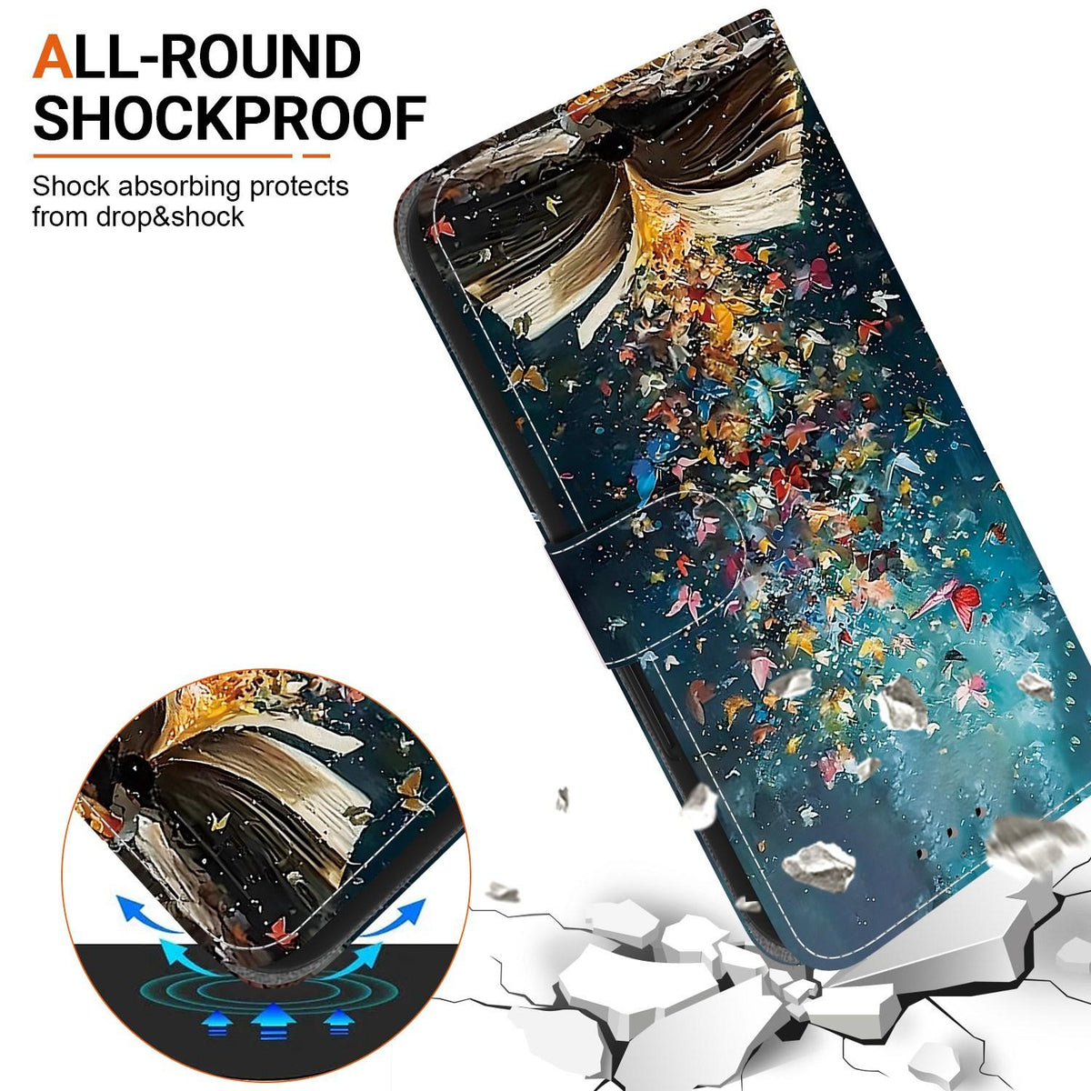 Compatible with iPhone 18 Pro Crystal-Texture Painted Vegan Leather Phone Case - Star River Book Words