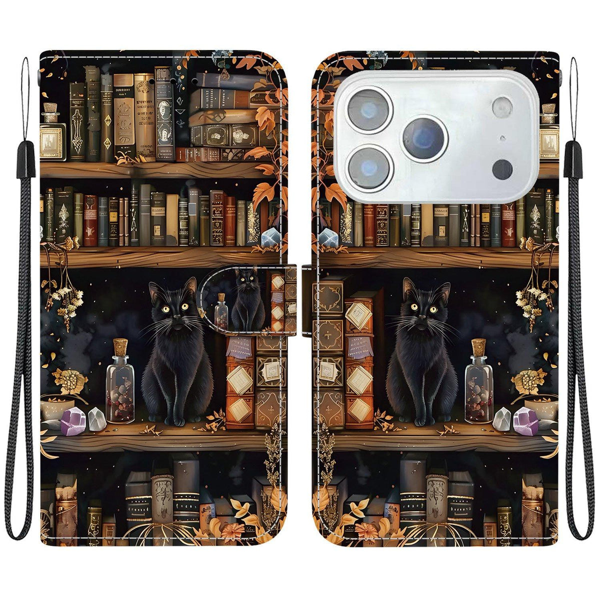 Compatible with iPhone 18 Pro Crystal-Texture Painted Vegan Leather Phone Case - Bookstore Black Cat