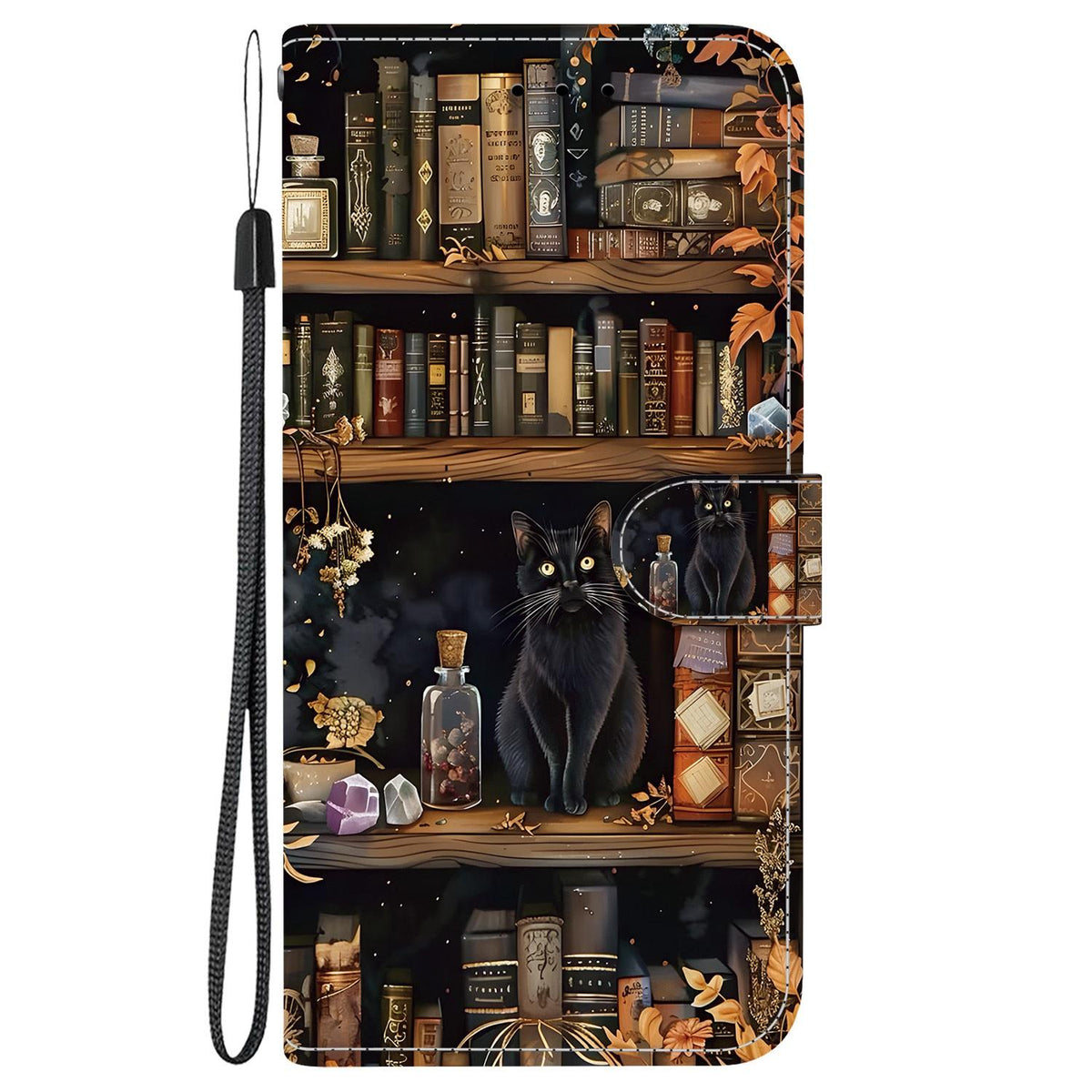 Compatible with iPhone 18 Pro Crystal-Texture Painted Vegan Leather Phone Case - Bookstore Black Cat