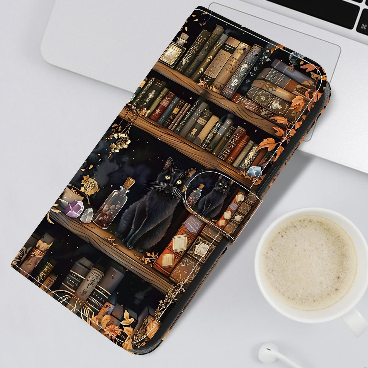 Compatible with iPhone 18 Pro Crystal-Texture Painted Vegan Leather Phone Case - Bookstore Black Cat
