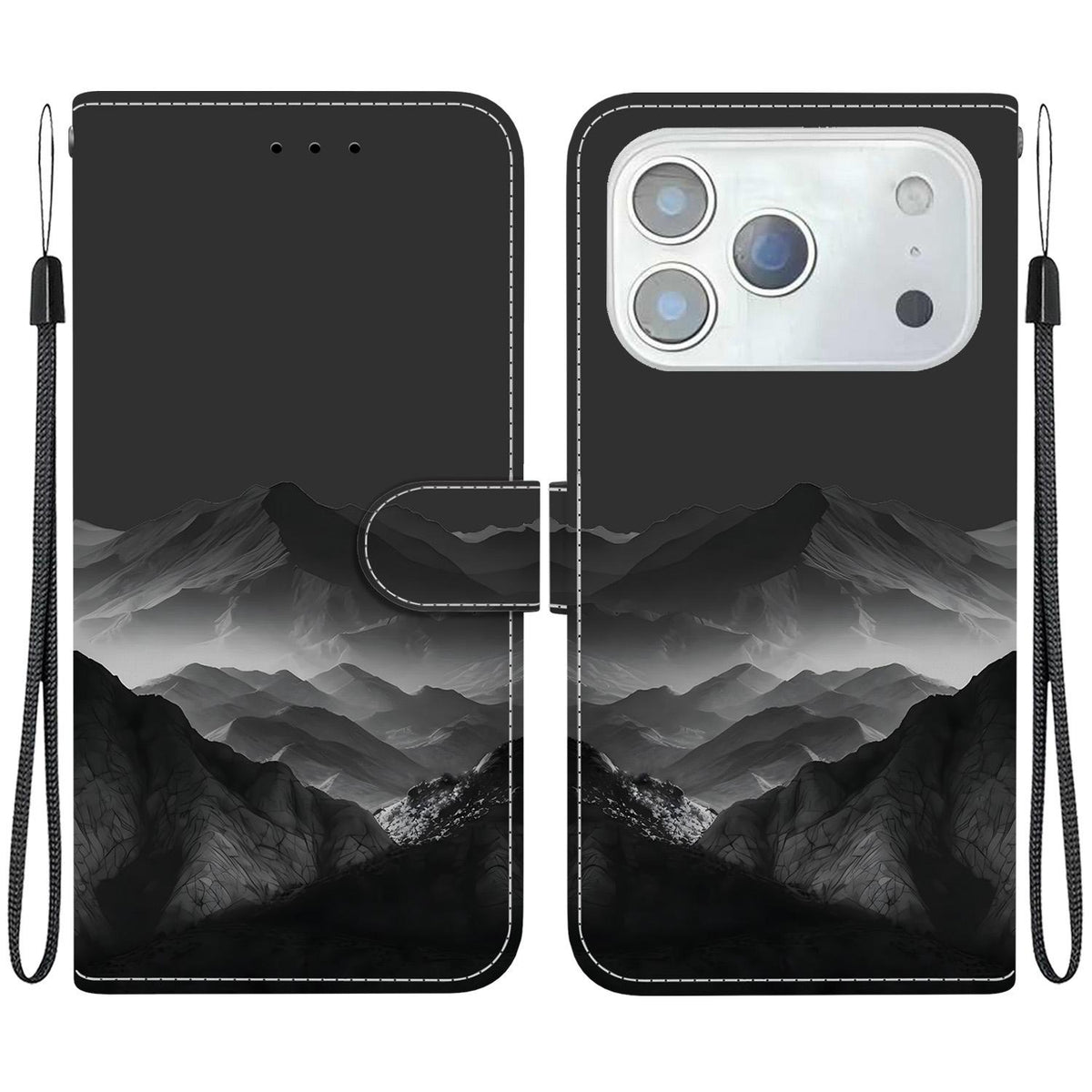 Compatible with iPhone 18 Pro Crystal-Texture Painted Vegan Leather Phone Case - Misty Ink Mountain