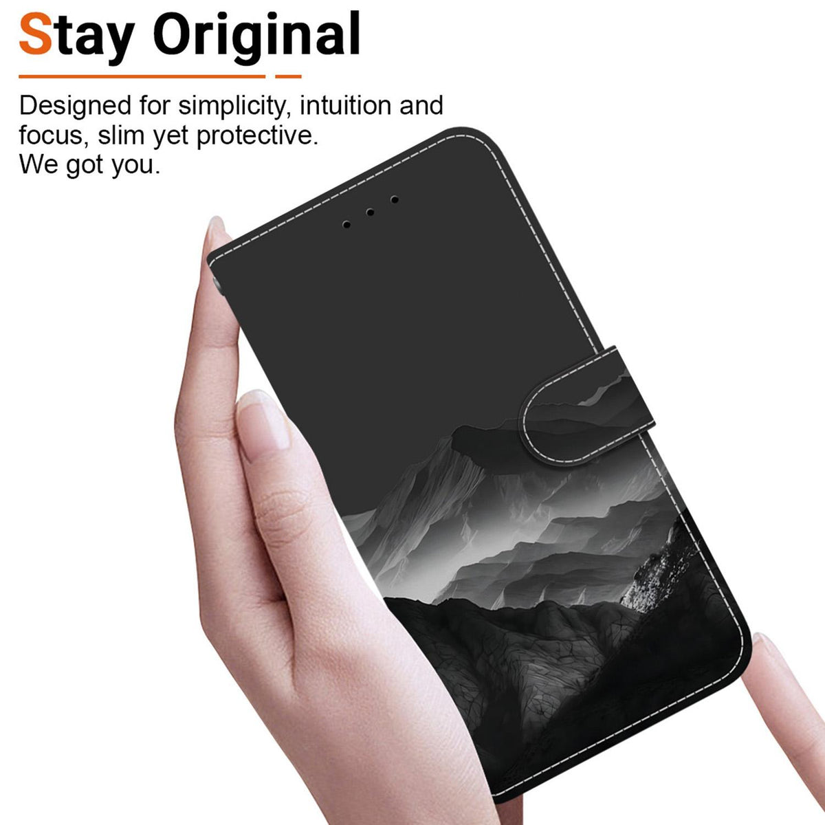 Compatible with iPhone 18 Pro Crystal-Texture Painted Vegan Leather Phone Case - Misty Ink Mountain