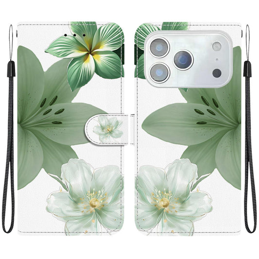 Compatible with iPhone 18 Pro Max Crystal-Texture Painted Vegan Leather Phone Case - Green Lily