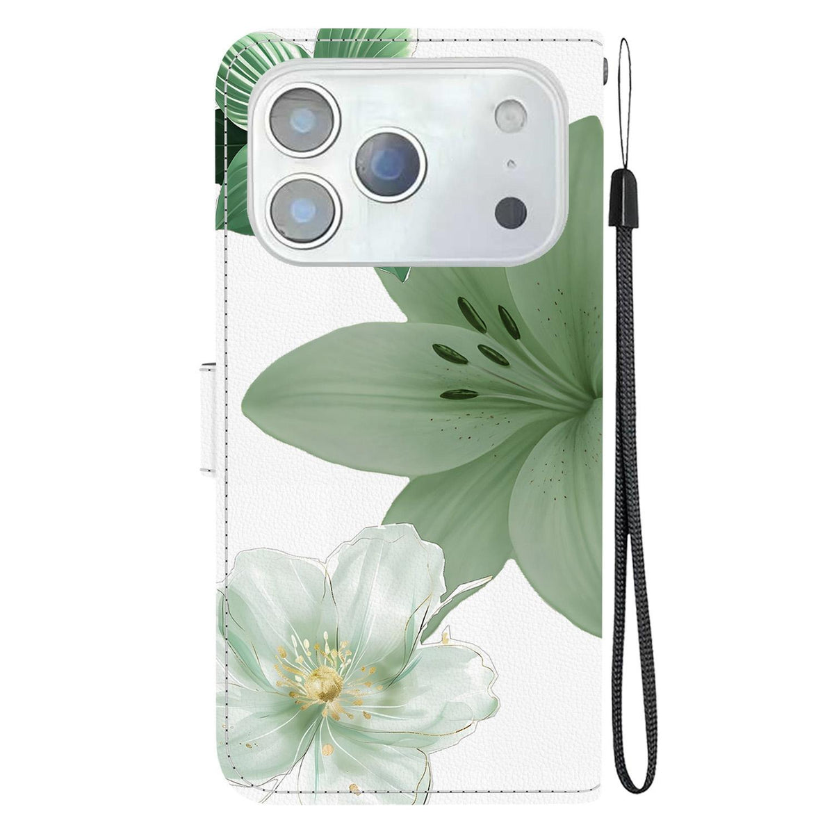 Compatible with iPhone 18 Pro Max Crystal-Texture Painted Vegan Leather Phone Case - Green Lily