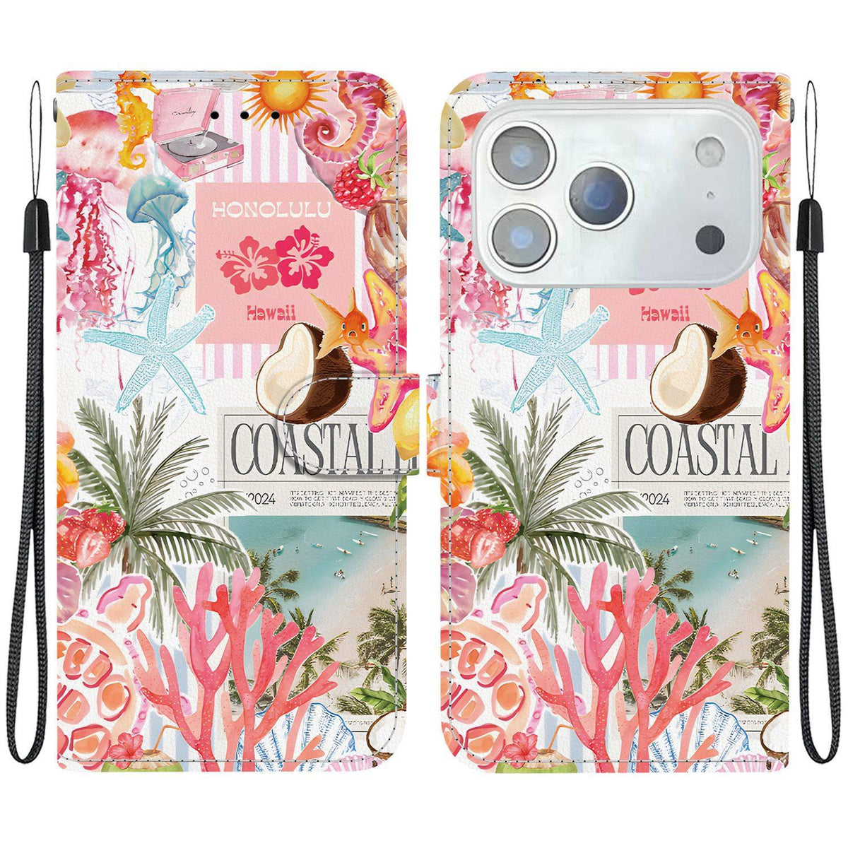 Compatible with iPhone 18 Pro Max Crystal-Texture Painted Vegan Leather Phone Case - Island Coral