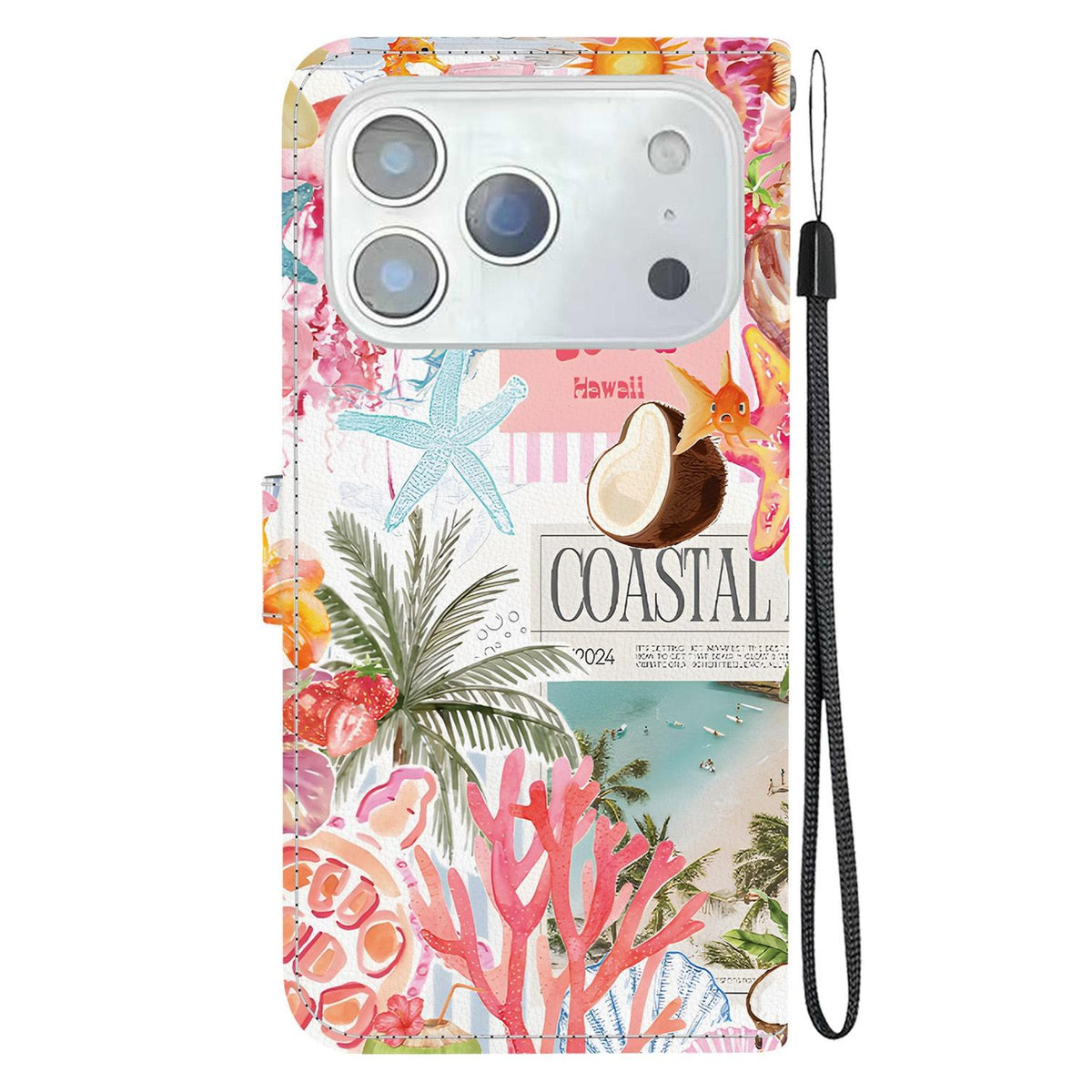 Compatible with iPhone 18 Pro Max Crystal-Texture Painted Vegan Leather Phone Case - Island Coral