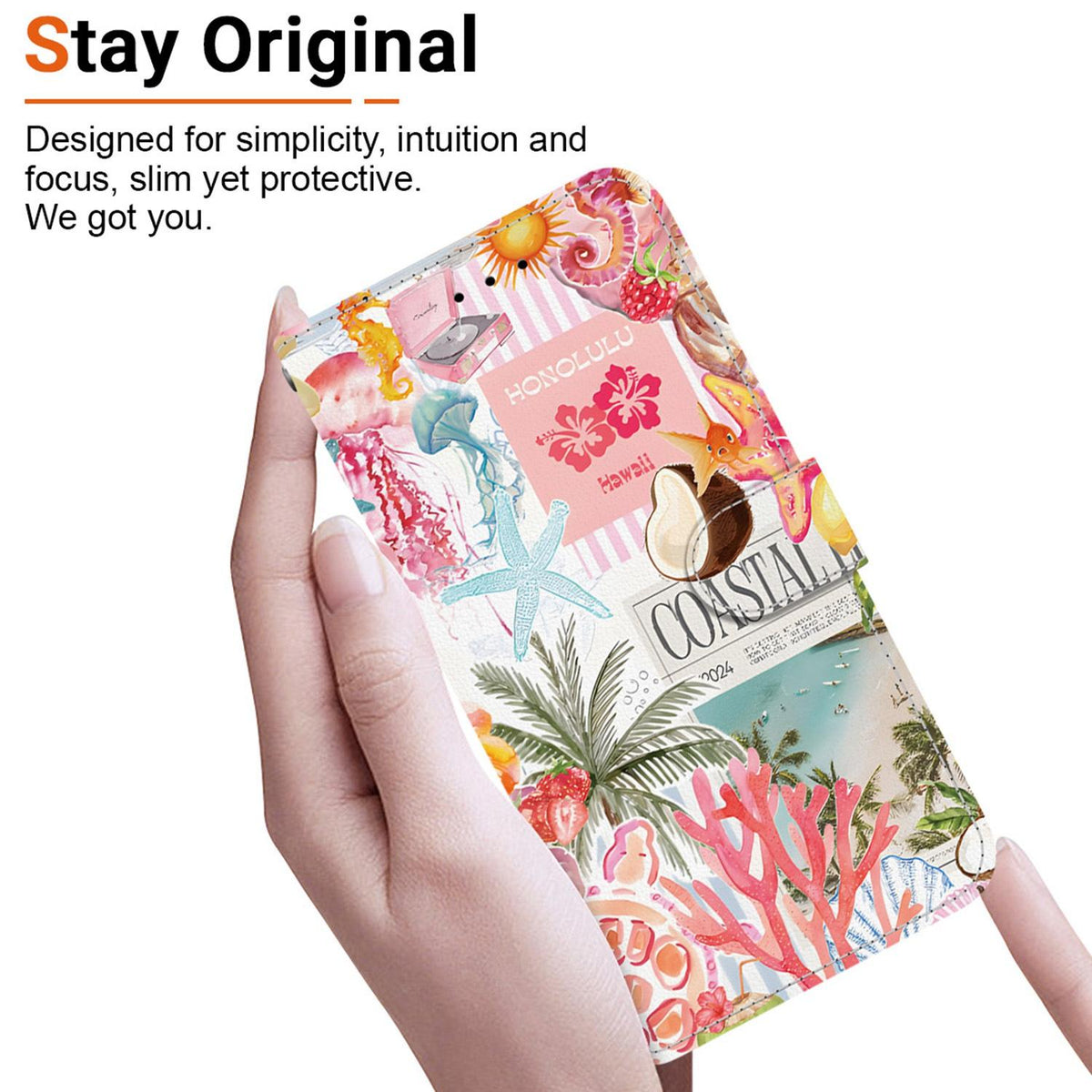 Compatible with iPhone 18 Pro Max Crystal-Texture Painted Vegan Leather Phone Case - Island Coral