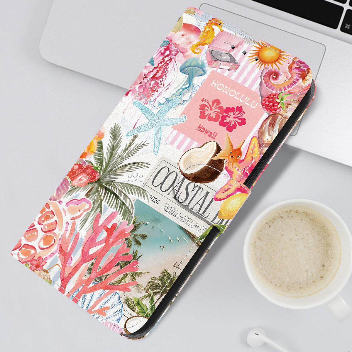 Compatible with iPhone 18 Pro Max Crystal-Texture Painted Vegan Leather Phone Case - Island Coral